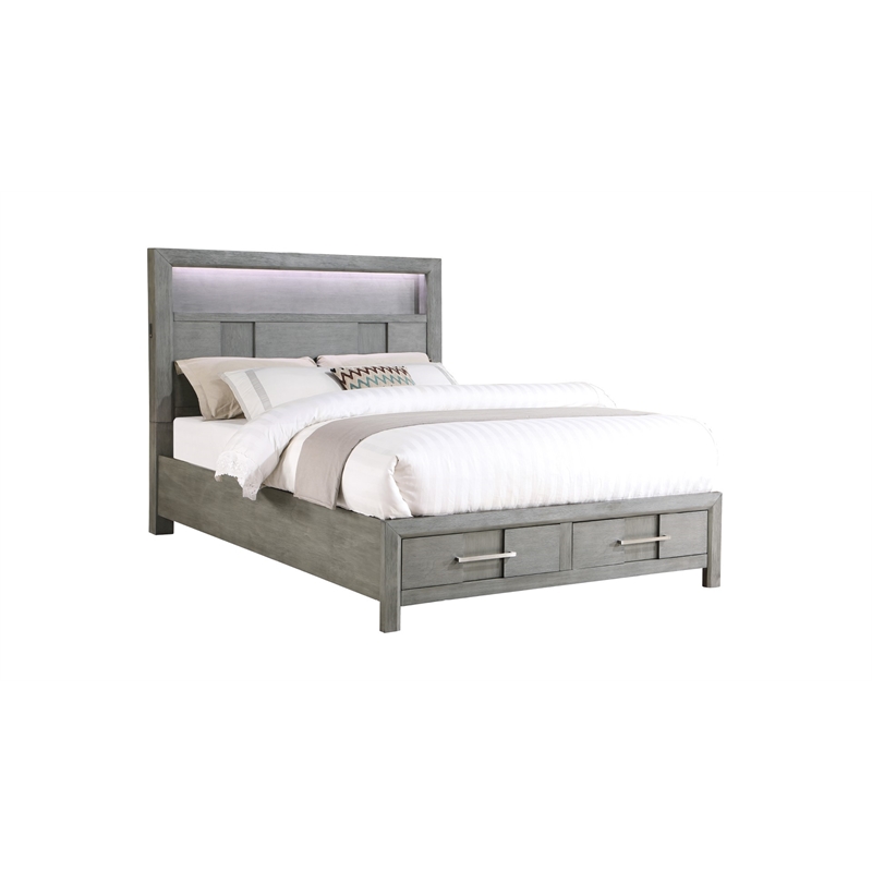 Queen Bed Made with Wood and LED Headboard in Gray Color