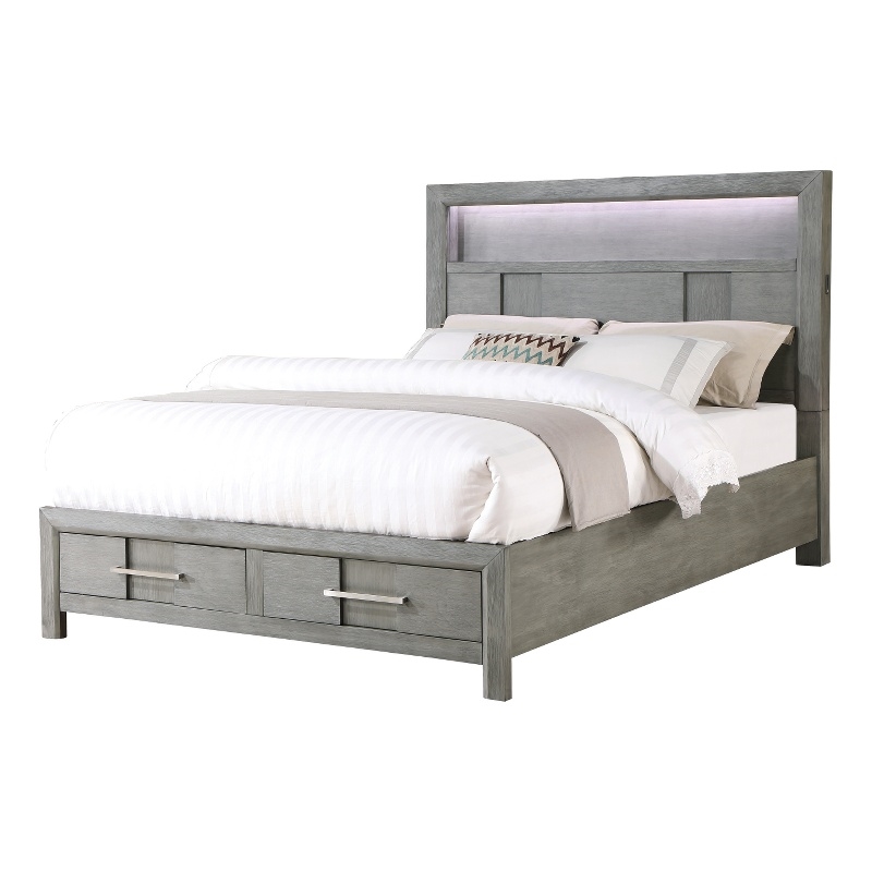 Queen Bed Made with Wood and LED Headboard in Gray Color
