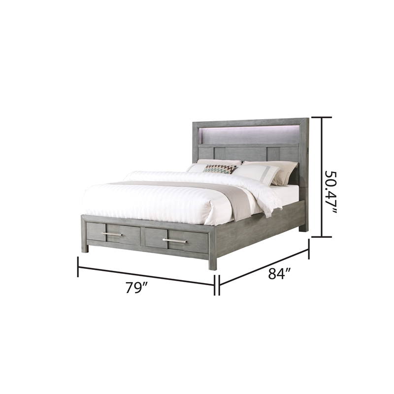 King bed Made with Wood and LED Headboard in Gray Color