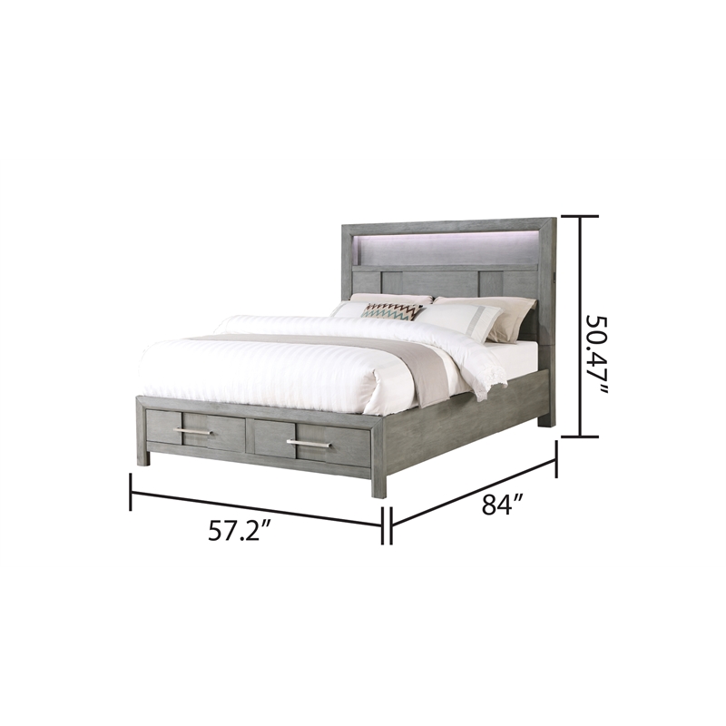 Full Bed Made with Wood and LED Headboard in Gray Color