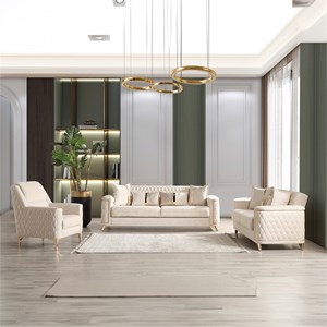 Luna 3 PC Finished in Velvet Fabric made with wood in Ivory Color