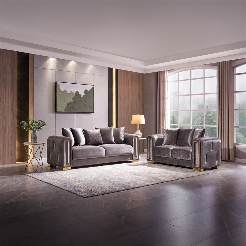 Impreza Thick Velvet Fabric 2Pc Living Room Set Made With Wood in Gray