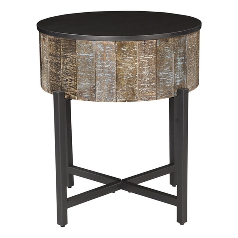 T1216E Round Storage End Table made with Mango Wood in Rustic Vintage