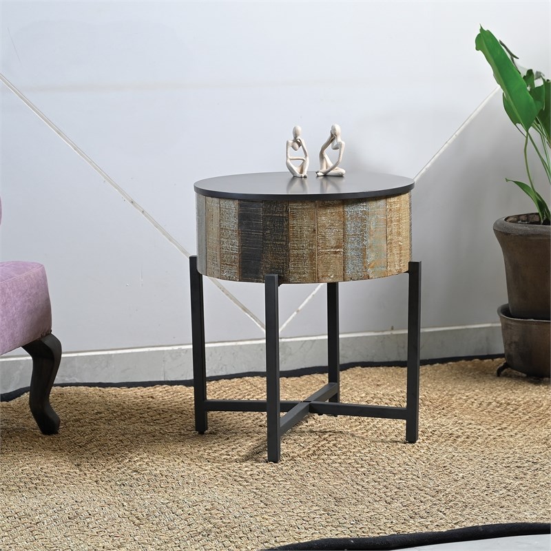 T1216E Round Storage End Table made with Mango Wood in Rustic Vintage