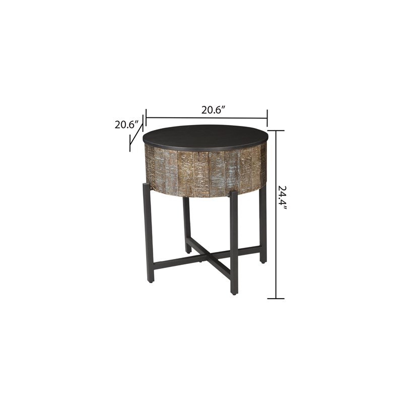 T1216E Round Storage End Table made with Mango Wood in Rustic Vintage