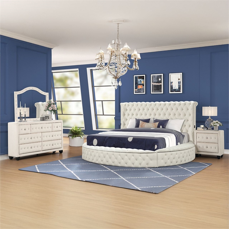 Hazel Queen 4 Pc Tufted Upholstery Bedroom Set Made with Wood in Cream