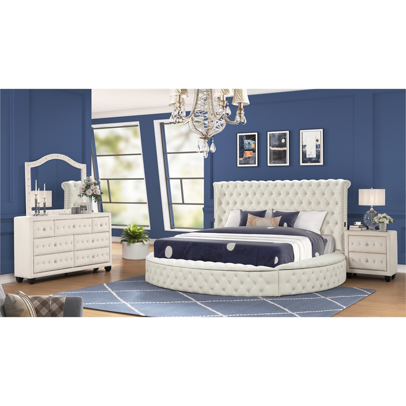 Hazel King 4 Pc Tufted Upholstery Bedroom Set Made with Wood in Cream