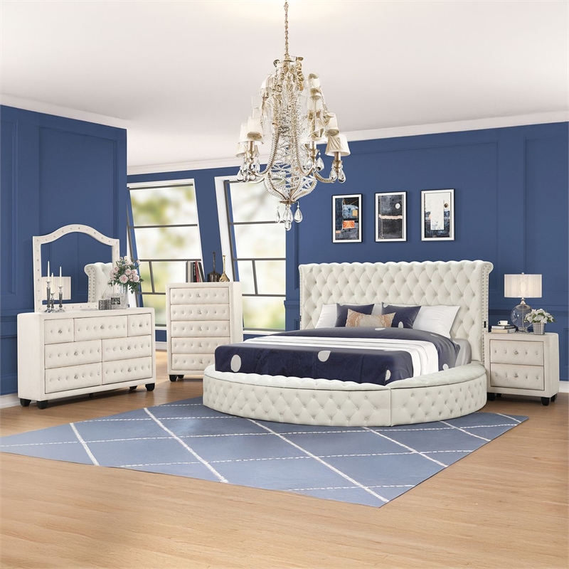 Hazel King 5 Pc Tufted Upholstery Bedroom Set Made with Wood in Cream