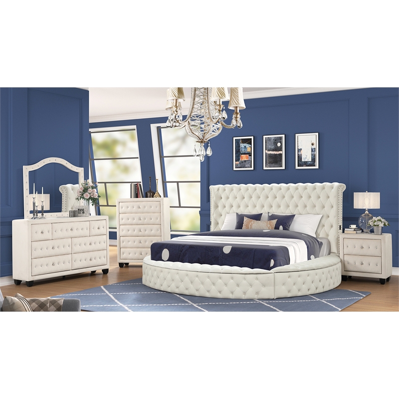 Hazel King 5 Pc Tufted Upholstery Bedroom Set Made with Wood in Cream