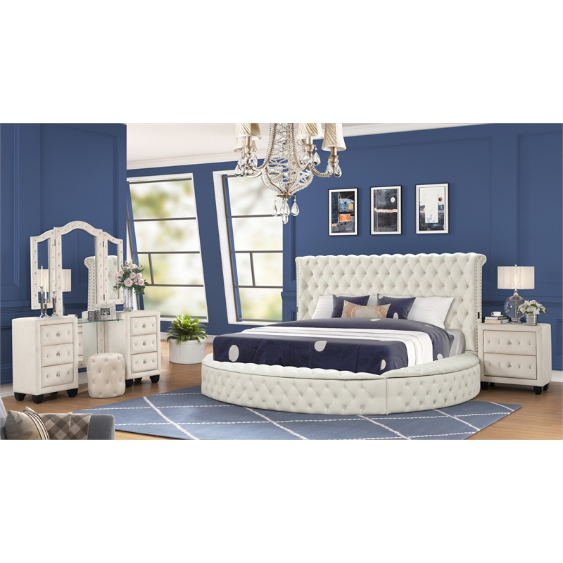 Hazel Queen 4 Pc Tufted Upholstery Vanity Bedroom Set Made with Wood in Cream