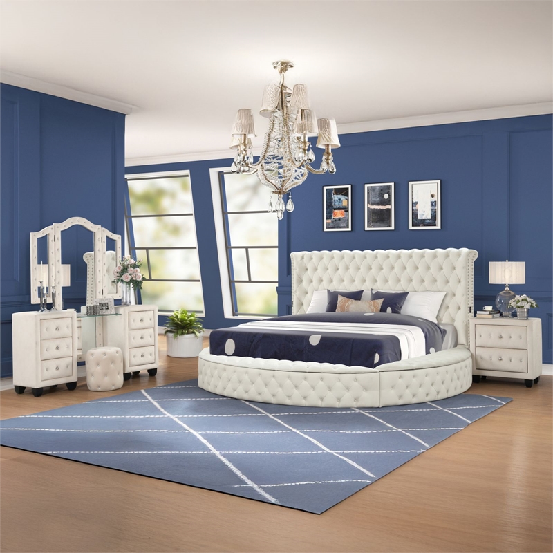 Hazel Queen 4 Pc Tufted Upholstery Vanity Bedroom Set Made with Wood in Cream