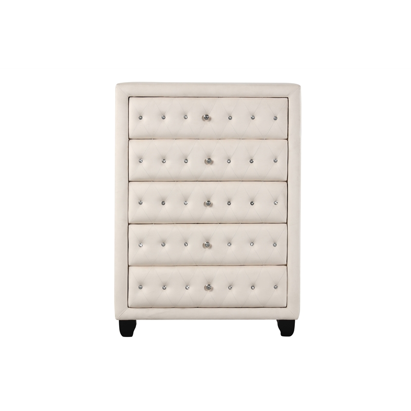 Hazel Queen 5 Pc Tufted Upholstery Vanity Bedroom Set Made with Wood in Cream
