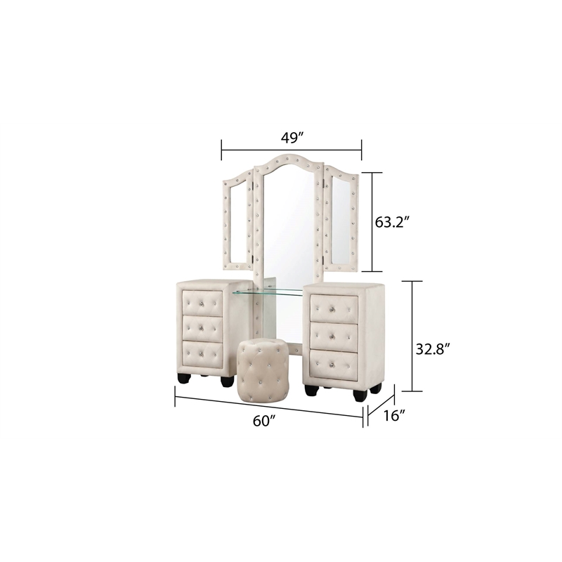 Hazel King 4 Pc Tufted Upholstery Vanity Bedroom Set Made with Wood in Cream