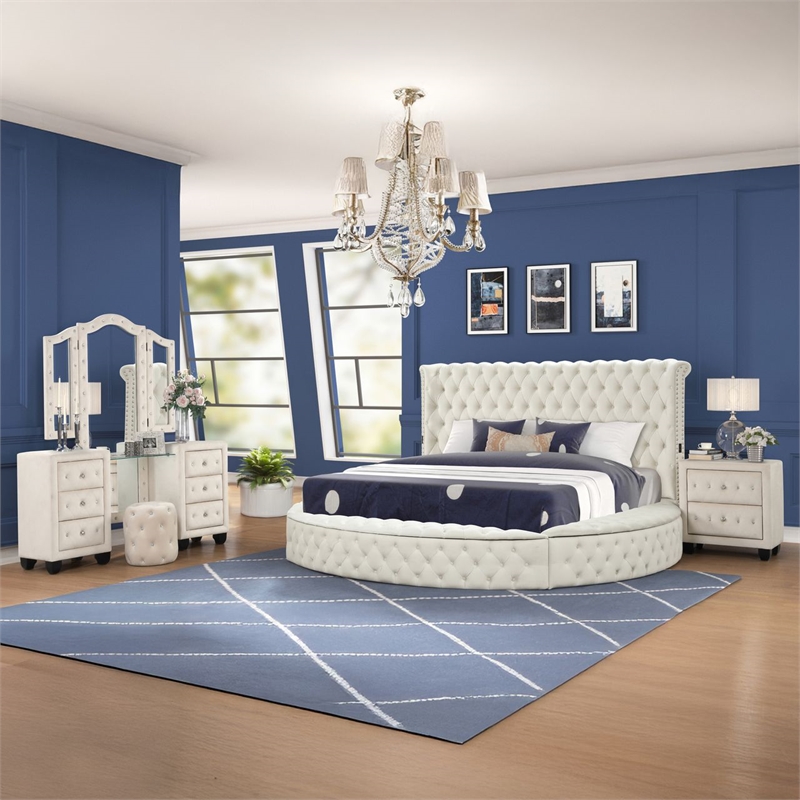 Hazel King 4 Pc Tufted Upholstery Vanity Bedroom Set Made with Wood in Cream