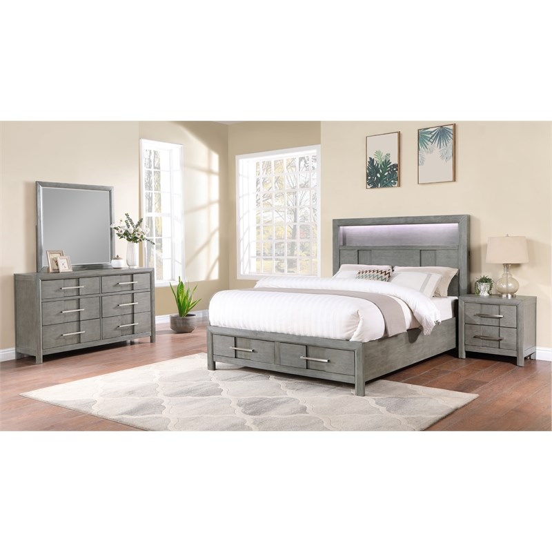 Queen 4PC Modern Style Storage Bedroom Set Made with Wood in Gray