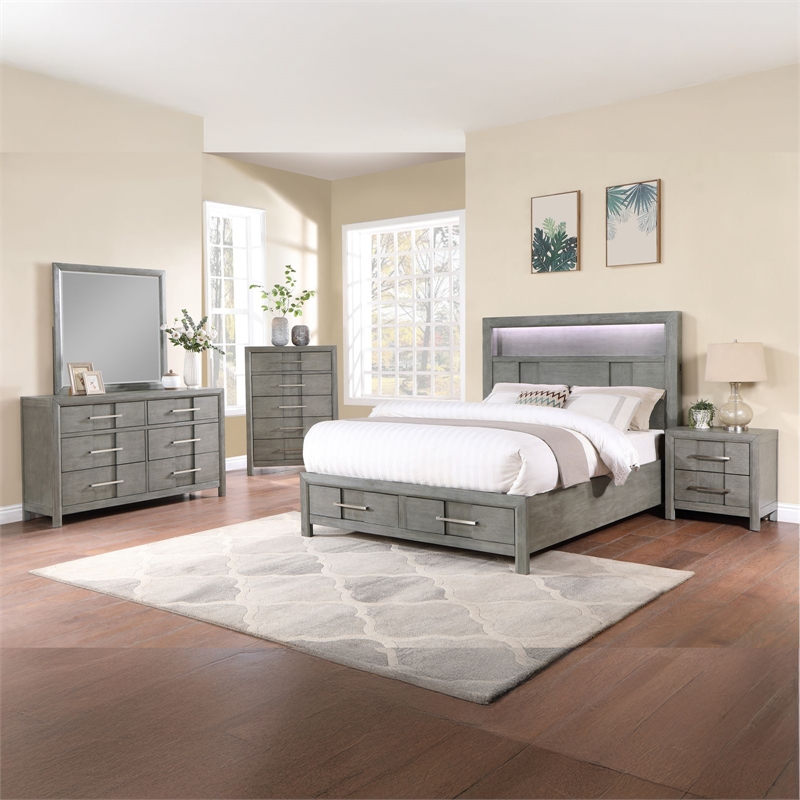 Queen 4PC Modern Style Storage Bedroom Set Made with Wood in Gray