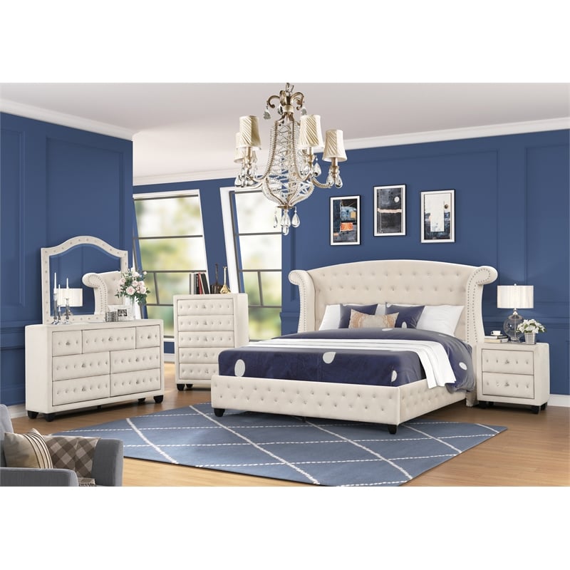 Sophia Crystal Tufted Modern Style Full Bed made with Wood in Cream
