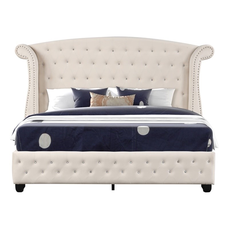 Sophia Crystal Tufted 4PC King Bedroom Set in Cream made with Wood