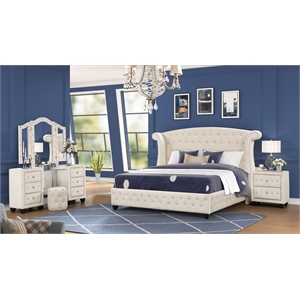 Sophia Crystal Tufted 4PC Vanity Full Bedroom Set in Cream made with Wood