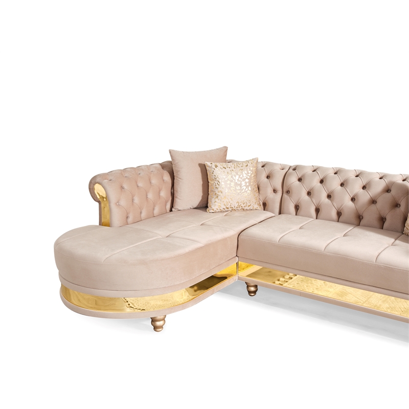 Julia Gold Detailed Tufted Upholstery Sectional made with Wood In Taupe