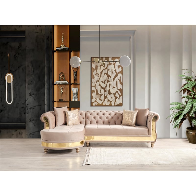Julia Gold Detailed Tufted Upholstery Sectional made with Wood In Taupe