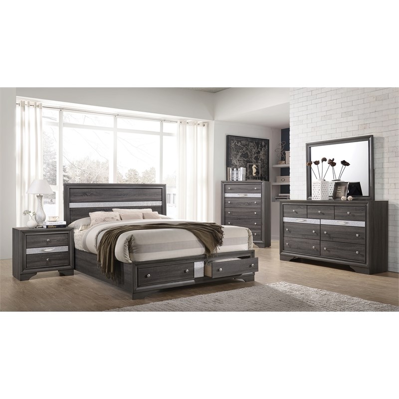 Matrix Traditional Style Full 5 PC Storage Bedroom Set made with Wood in Gray