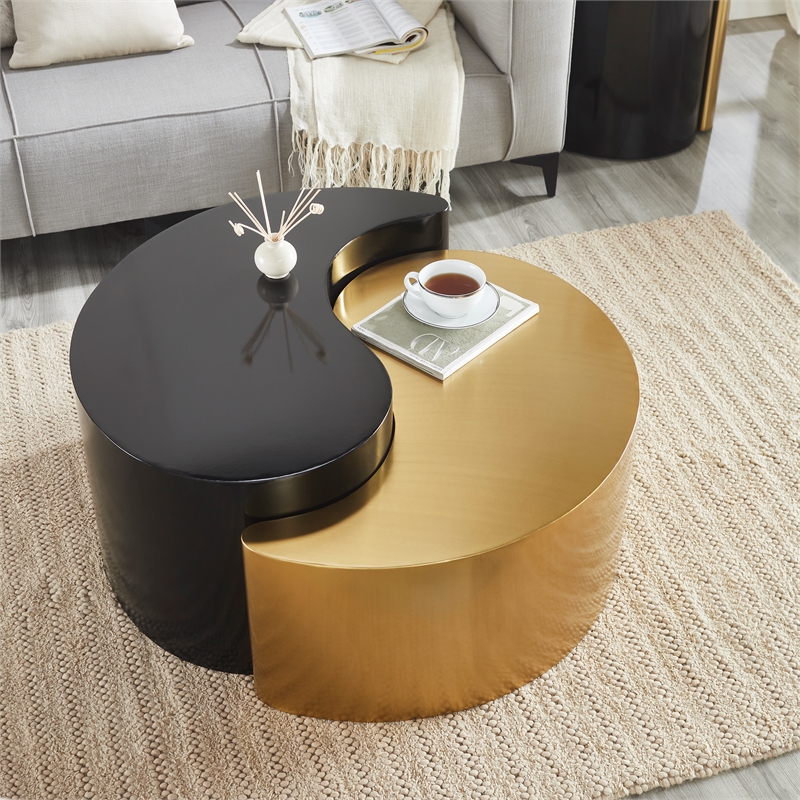 Ying Yang Modern Iron Sheet Frame Round Coffee Table in Black and Gold