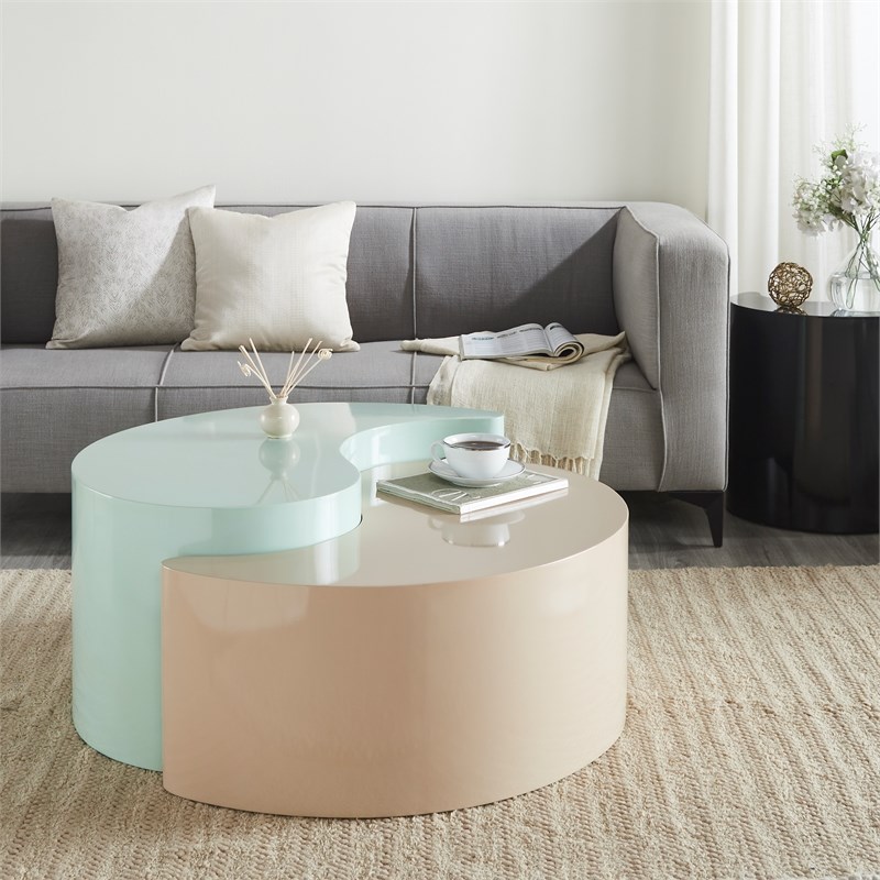 Ying Yang Modern Iron Sheet Frame Round Coffee Table in Mint and Taupe