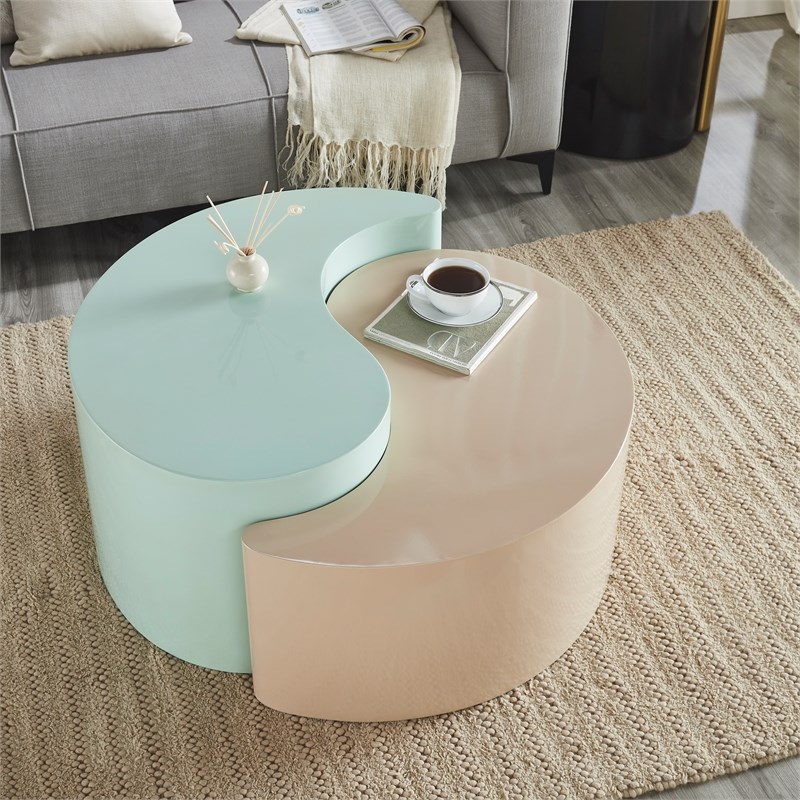 Ying Yang Modern Iron Sheet Frame Round Coffee Table in Mint and Taupe