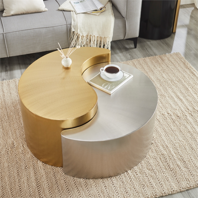 Ying Yang Modern Iron Sheet Frame Round Coffee Table in Gold and Silver