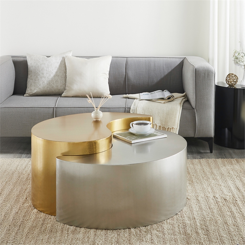 Ying Yang Modern Iron Sheet Frame Round Coffee Table in Gold and Silver