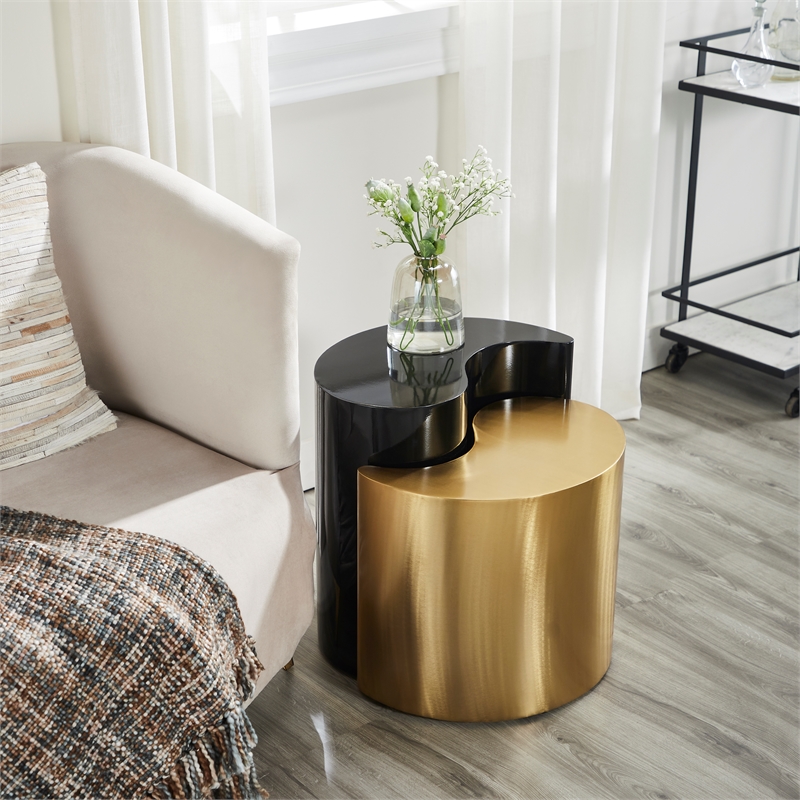 Ying Yang Modern Style End Table Made with Iron Sheet Frame in Black & Gold