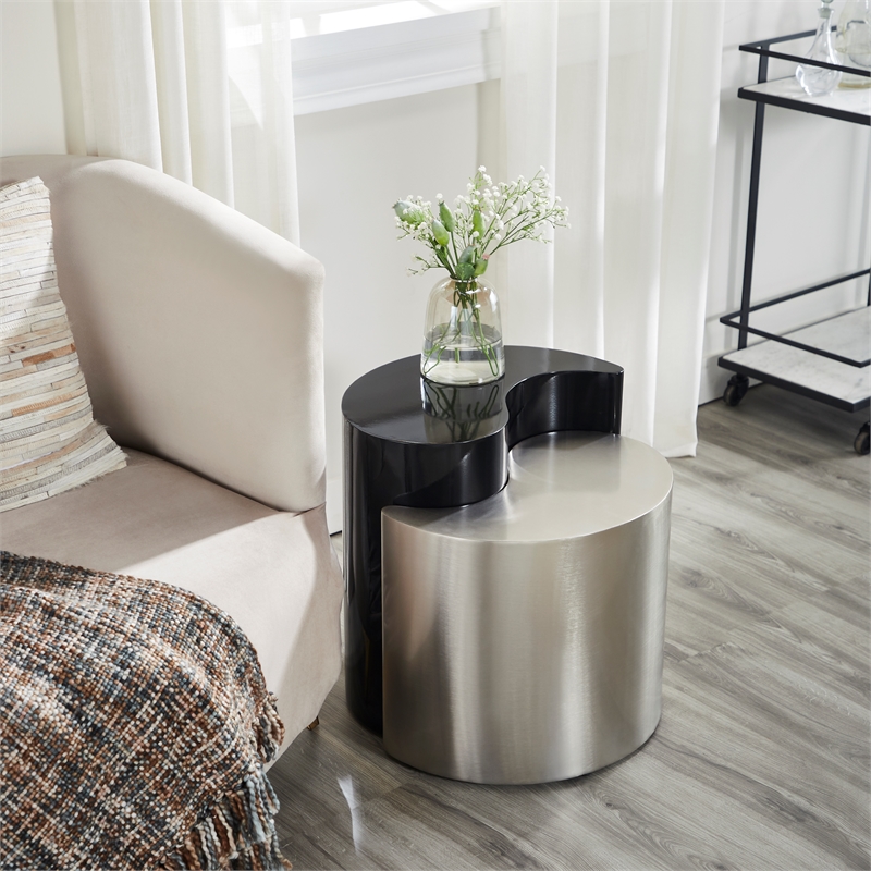 Ying Yang Modern Style End Table Made with Iron Sheet Frame in Black & Silver