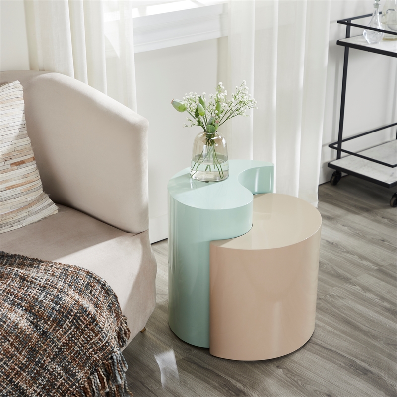 Ying Yang Modern Style End Table Made with Iron Sheet Frame in Mint & Taupe