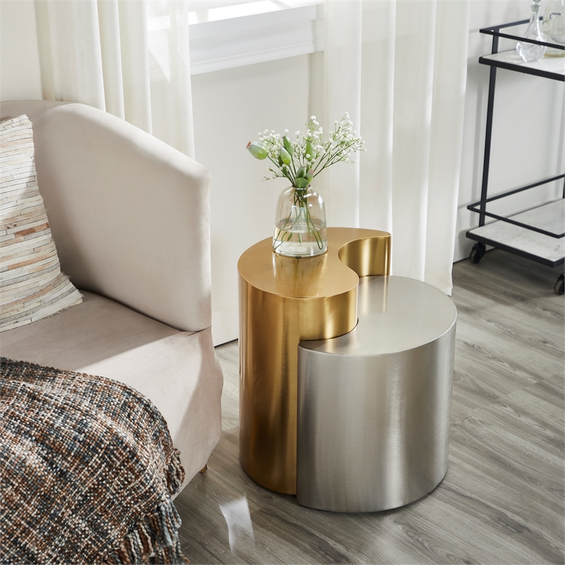 Ying Yang Modern Style End Table Made with Iron Sheet Frame in Gold & Silver