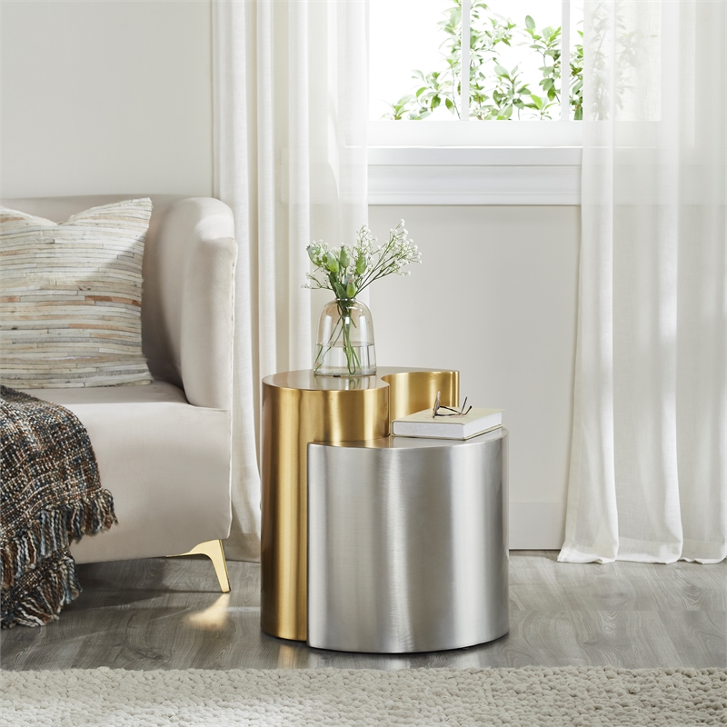 Ying Yang Modern Style End Table Made with Iron Sheet Frame in Gold & Silver