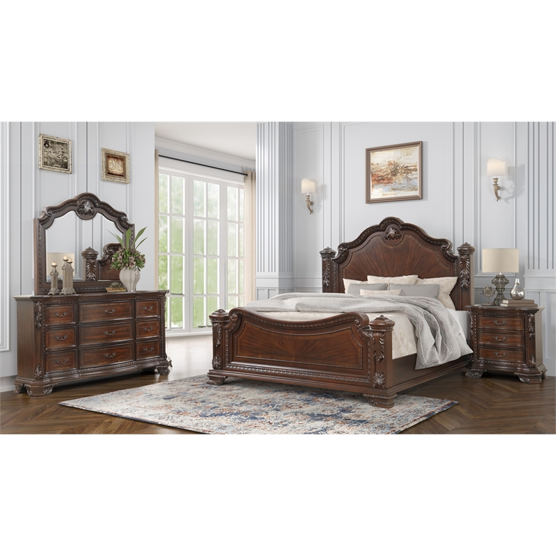 Vintage Traditional Style Queen 4PC Bedroom Set Made With Wood in Walnut
