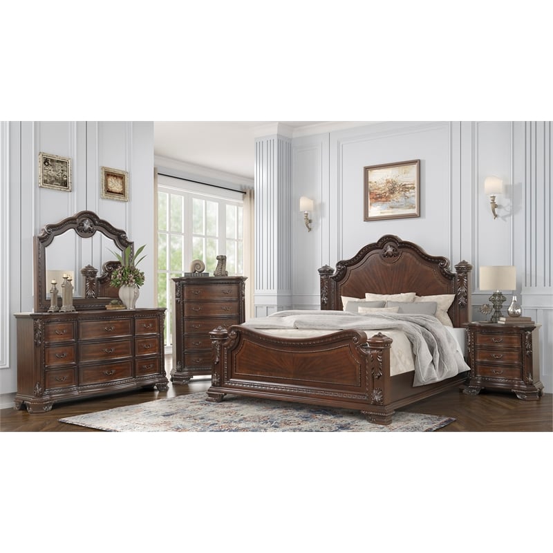 Vintage Traditional Style King 5PC Bedroom Set Made With Wood in Walnut
