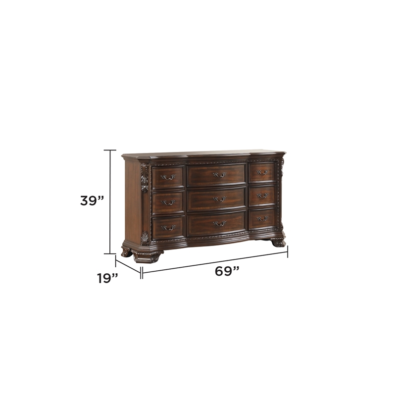 Vintage Traditional Style 9-Drawer Dresser Made With Wood in Walnut
