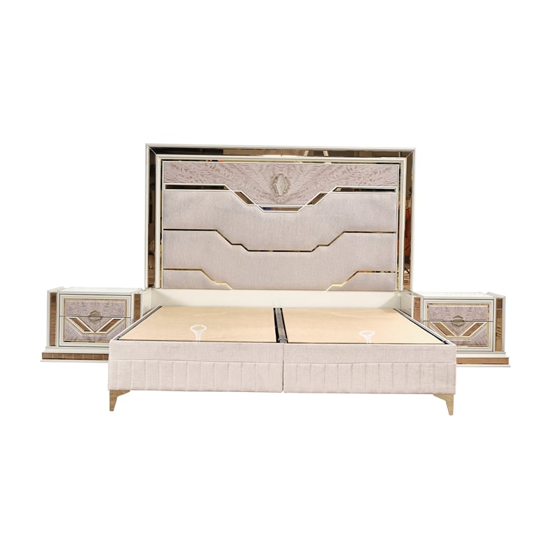 Omary Traditional Style Queen Size Bed with gold Accent made with Wood in Beige