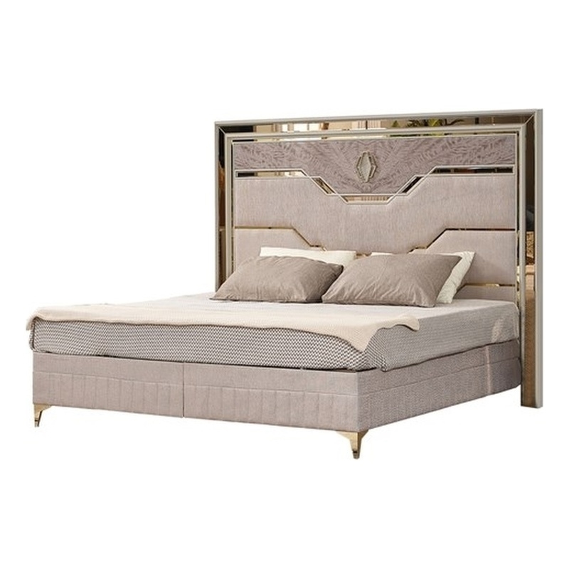 Omary Traditional Style Queen Size Bed with gold Accent made with Wood in Beige