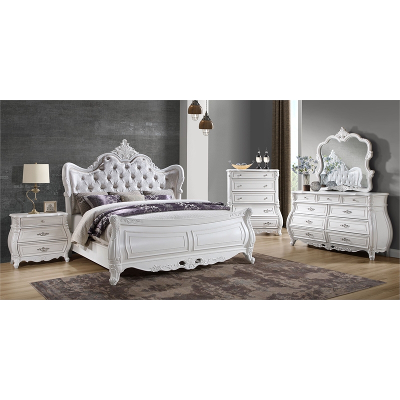 Opulence Traditional Style Mirror Made With Wood in Pearl White