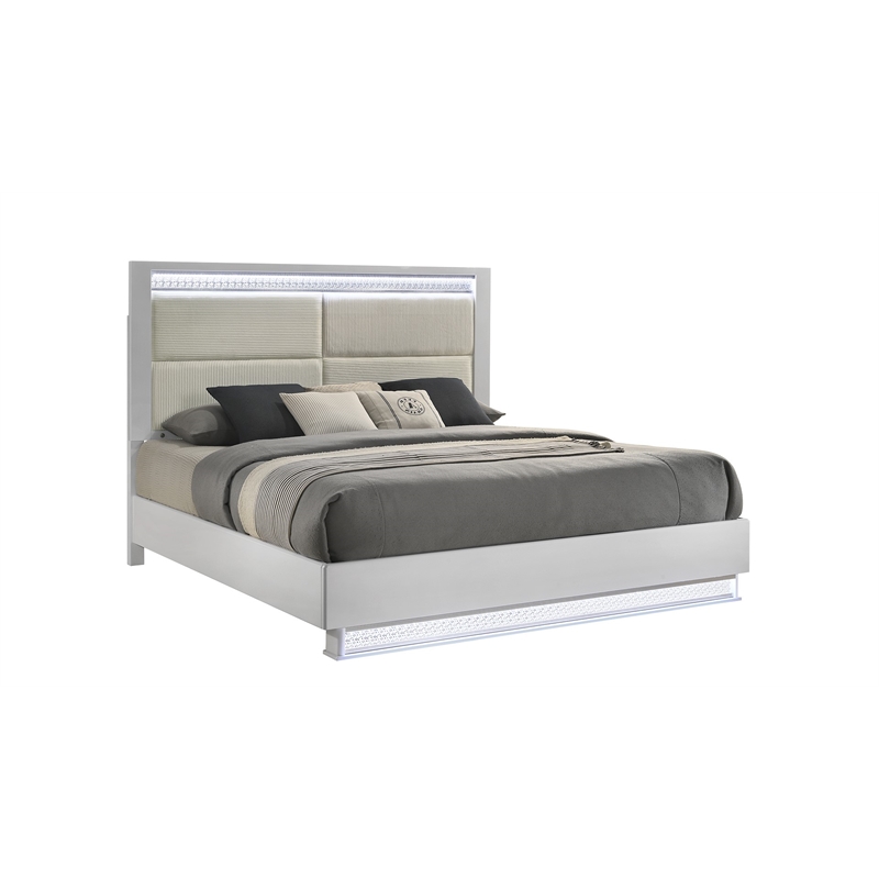 Glam Modern Style Queen Bed with LED headboard Made With Wood in White Color