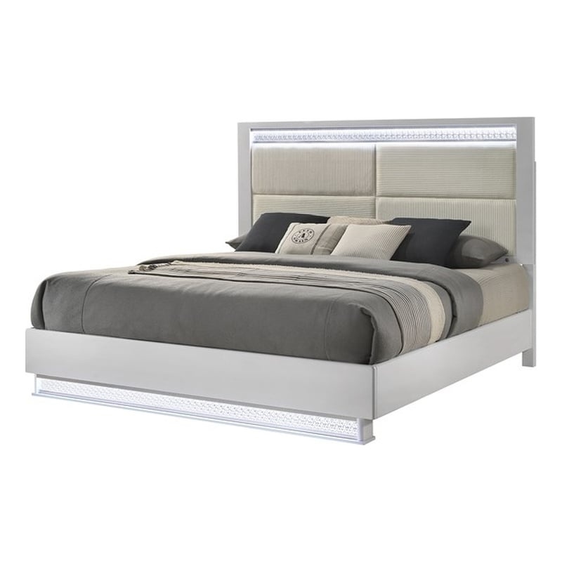 Glam Modern Style Queen Bed with LED headboard Made With Wood in White Color
