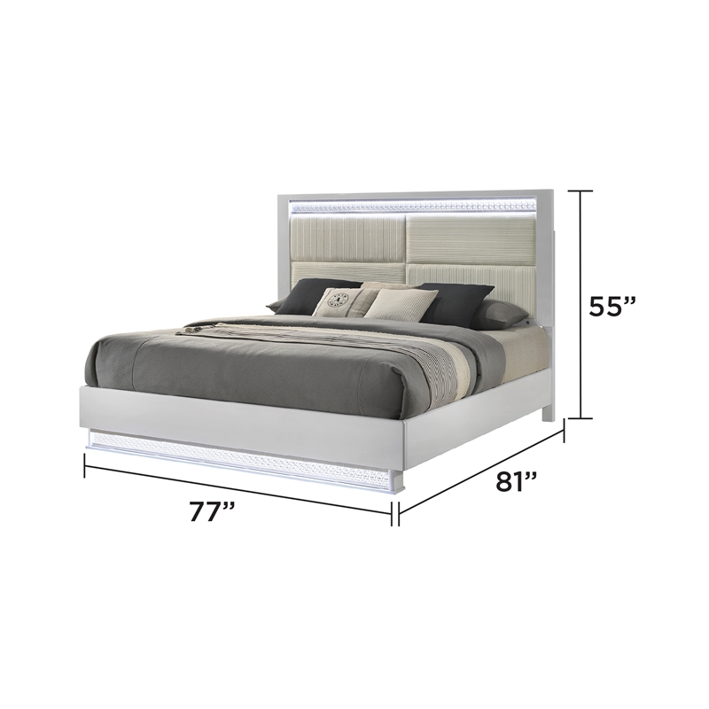 Glam Modern Style King Bed with LED headboard Made With Wood in White
