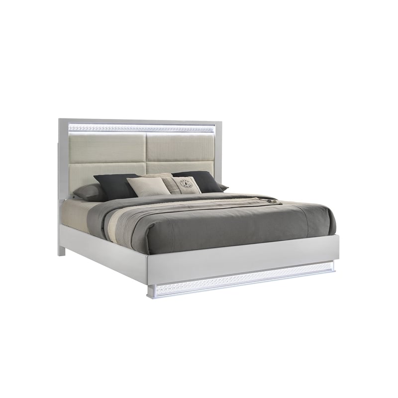 Glam Modern Style King Bed with LED headboard Made With Wood in White