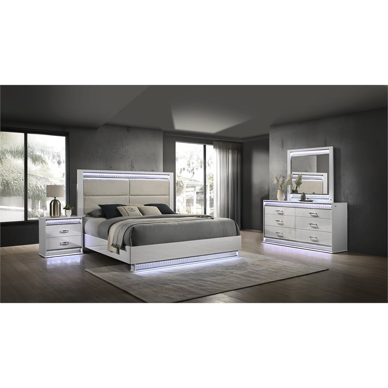 Glam Modern Style King Bed with LED headboard Made With Wood in White