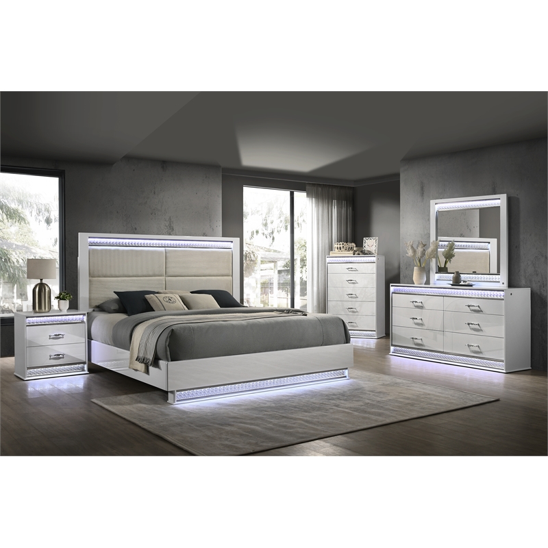 Glam Modern Style 5-Drawer Chest Made With Wood & inbuilt LED in White Color