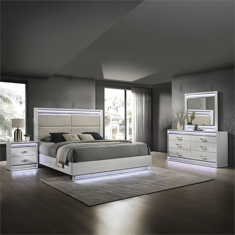 Glam Modern Upholstered LED King 4PC Bedroom Set Made With Wood in White