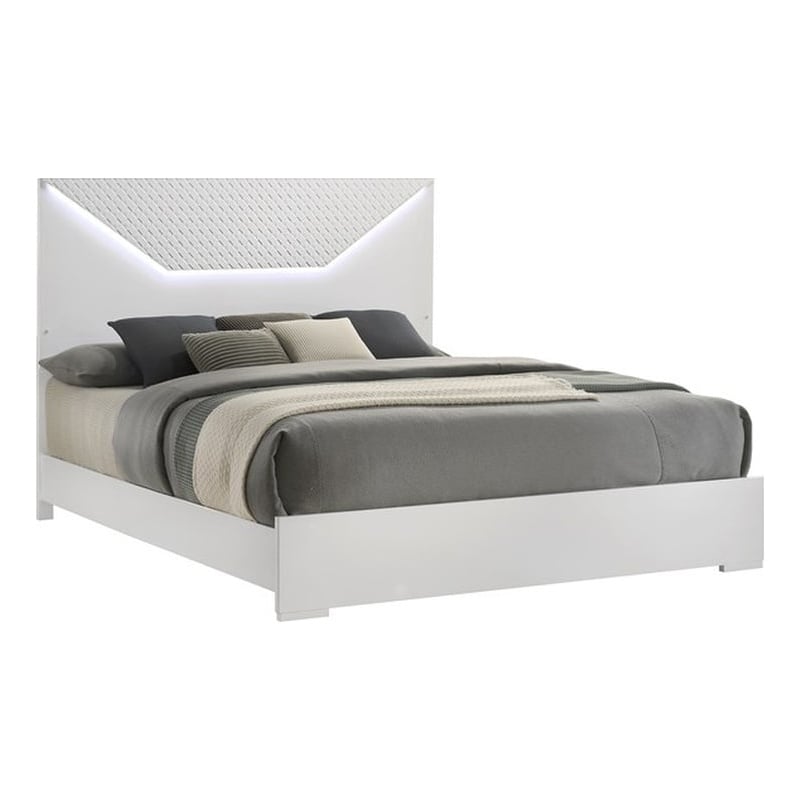 Blanca Modern Style Queen Bed Made With LED  Headboard & Wood in White Color